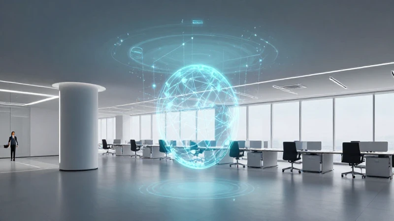 Oficina futurista con hologramas y luz suave