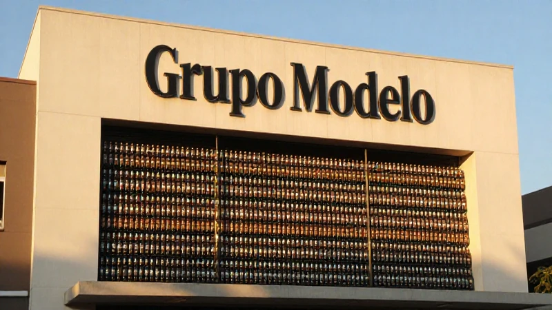 Fachada de Grupo Modelo al atardecer con botellas
