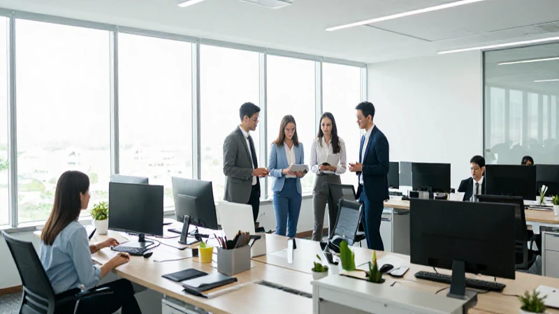 Profesionales colaboran en oficina luminosa
