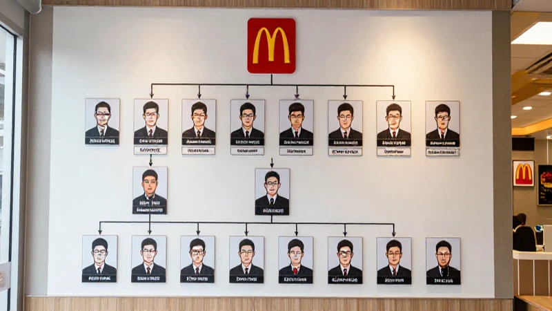 Organigrama laboral, detalle interior McDonalds, fotografía corporativa brillante