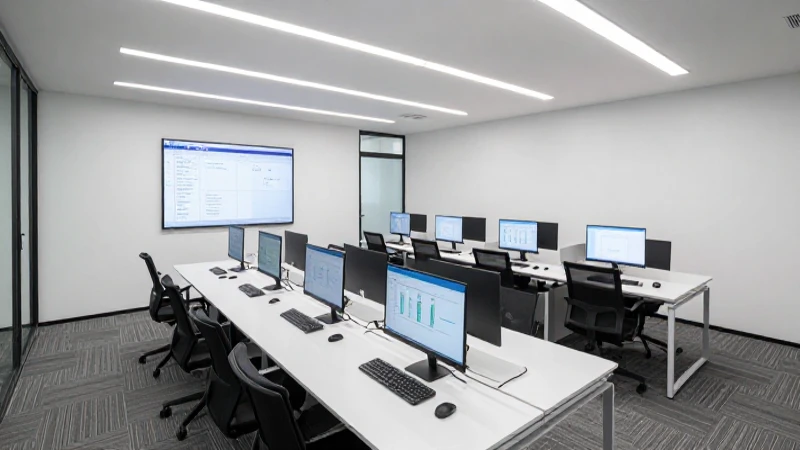 Sala de oficina moderna con pantallas y luz