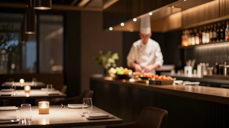 Restaurante moderno con luz cálida y enfoque selectivo