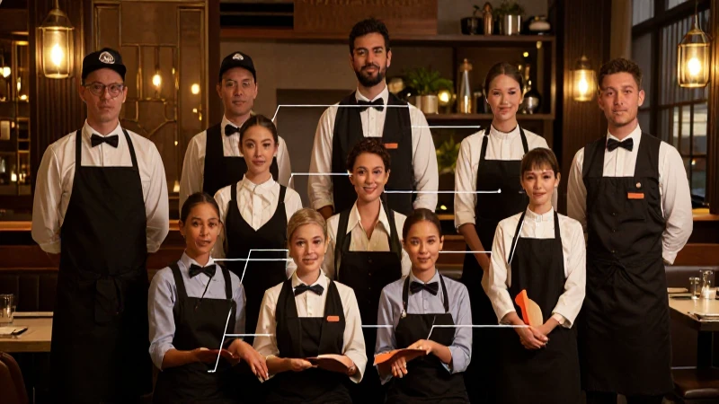 Personal del restaurante bajo iluminación cinematográfica