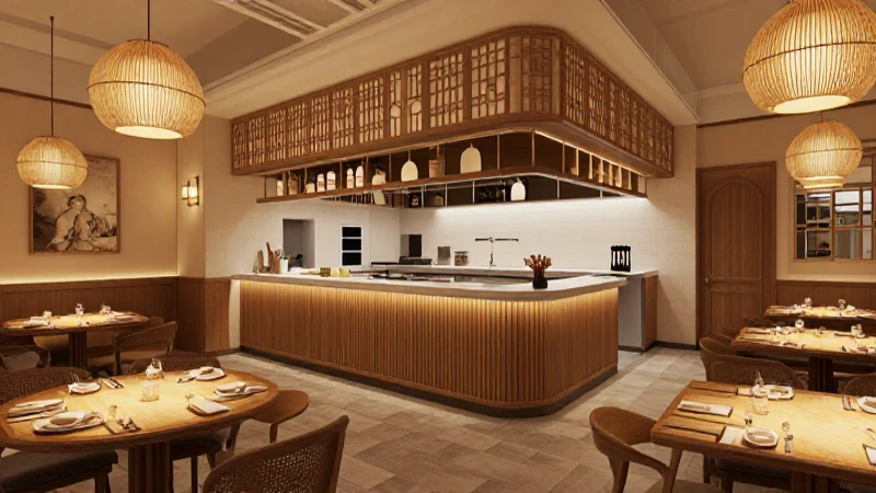 Restaurante cálido con cocina integrada a la vista