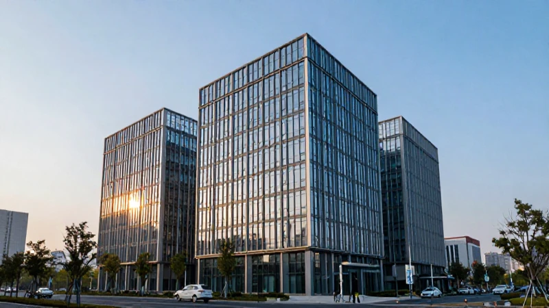 Edificio moderno al amanecer, vista panorámica