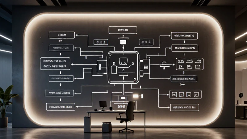 Cuál es el organigrama actual y las funciones clave de Tesla 9 Espacio moderno, diagrama complejo e iluminación dramática