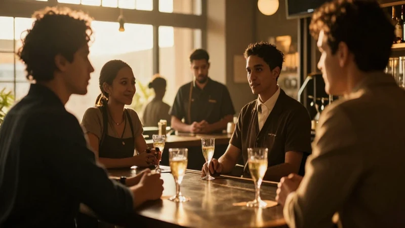 Bar acogedor con personal y luz dorada