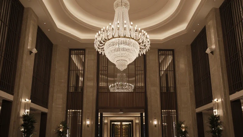 Lobby lujoso con candelabro y luz cálida