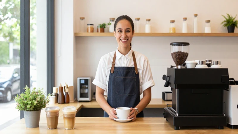 Cómo es el organigrama y funciones de una cafetería 4 Cafetería luminosa con barista sonriendo