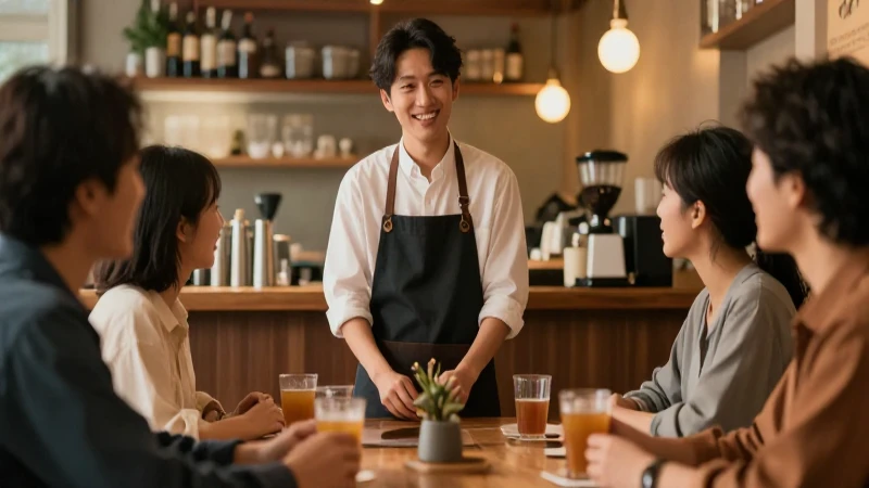 Cómo es el organigrama y funciones de una cafetería 5 Barista sonríe en reunión con luz cálida