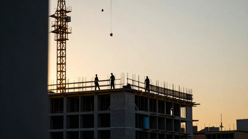 Construcción moderna, equipo y luz dorada