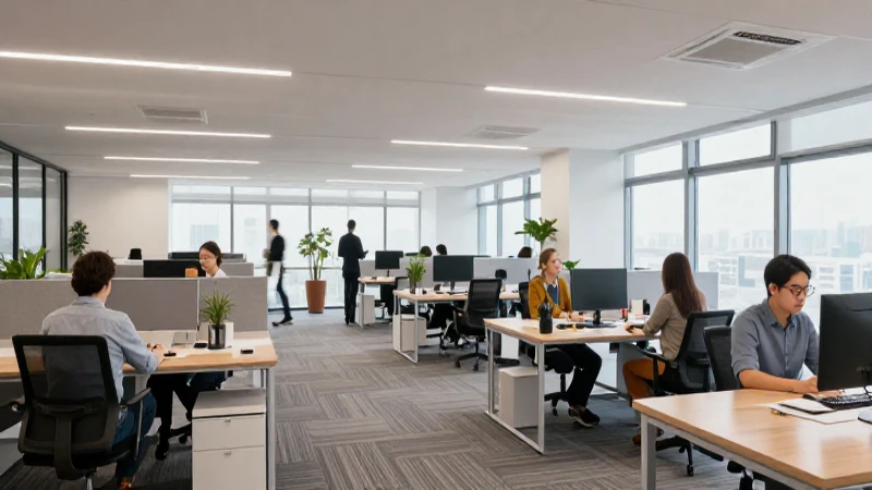Oficina moderna, trabajo colaborativo e iluminación suave
