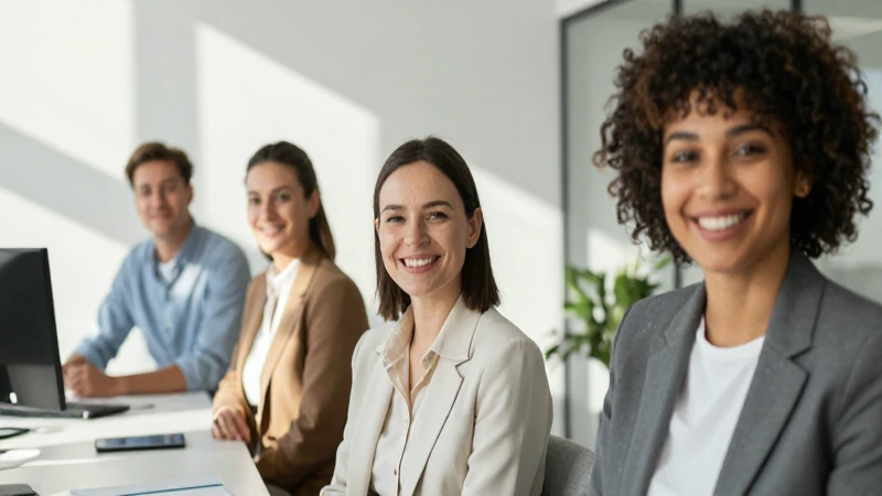 Empleados sonrientes en oficina moderna y luminosa