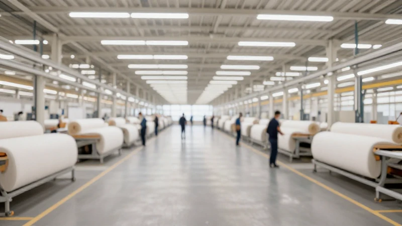 Fábrica textil difusa, luz suave, arquitectura renderizada