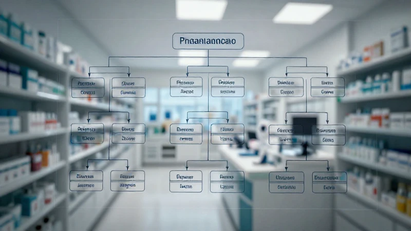 Organigrama de una Farmacia: Estructura y Funciones Clave 6 Esquema farmacia difusa, iluminación dramática, estilo plano