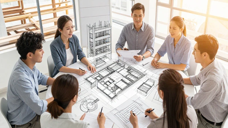 Planos técnicos superpuestos a reunión constructiva
