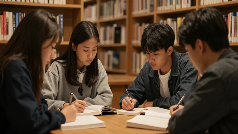 Estudiantes colaborando en biblioteca, luz cálida