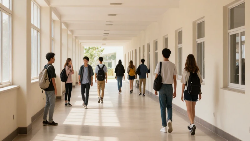 Pasillo escolar diverso con luz cálida