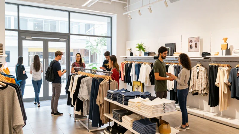 Tienda de ropa moderna con luz y empleados diversos