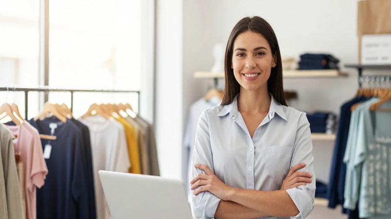 Gerente sonriente en tienda de ropa luminosa