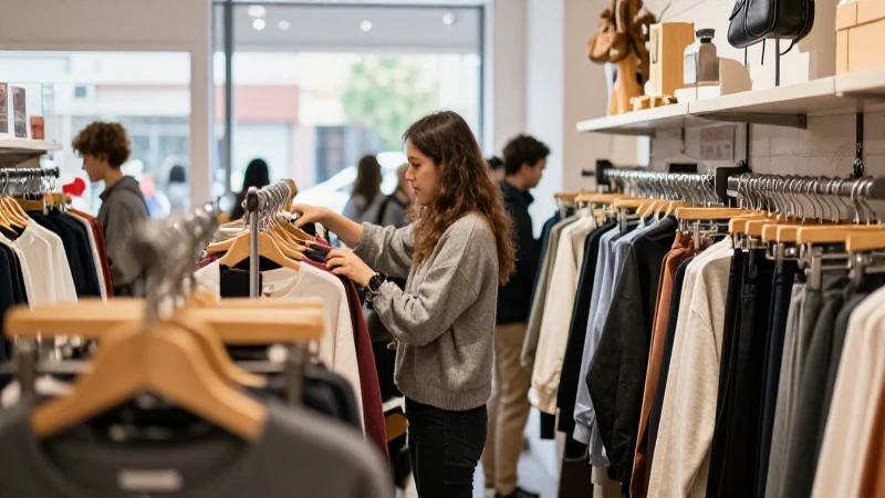 Tienda con luz suave, cliente revisando ropa