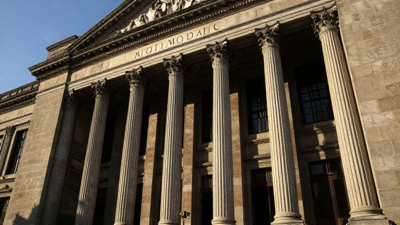 Fachada imponente con columnas y luz dramática