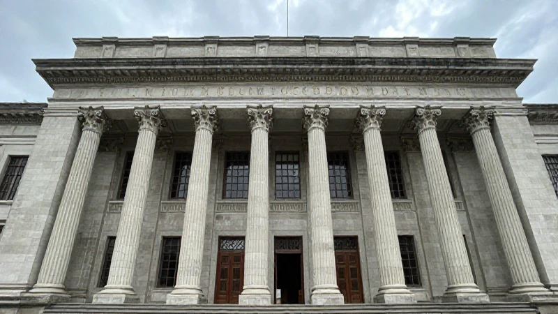 Fachada de palacio venezolano con columnas simétricas