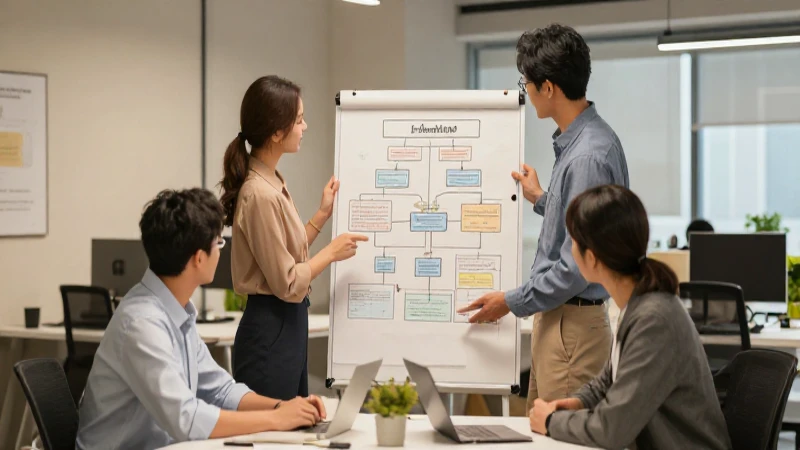 Oficistas colaboran frente a diagrama, luz cálida