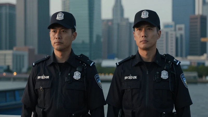 Policías en ciudad, iluminación cinematográfica