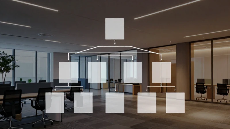 Oficina moderna con luz suave y gráfico