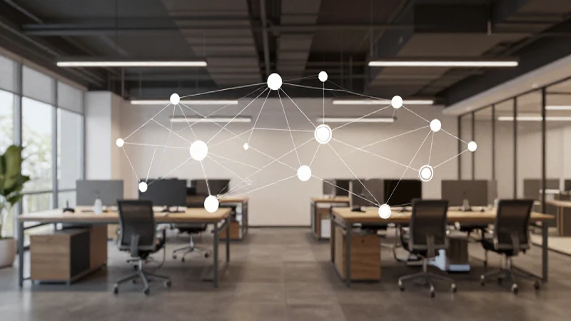 Oficina moderna con red visualizada y luz suave