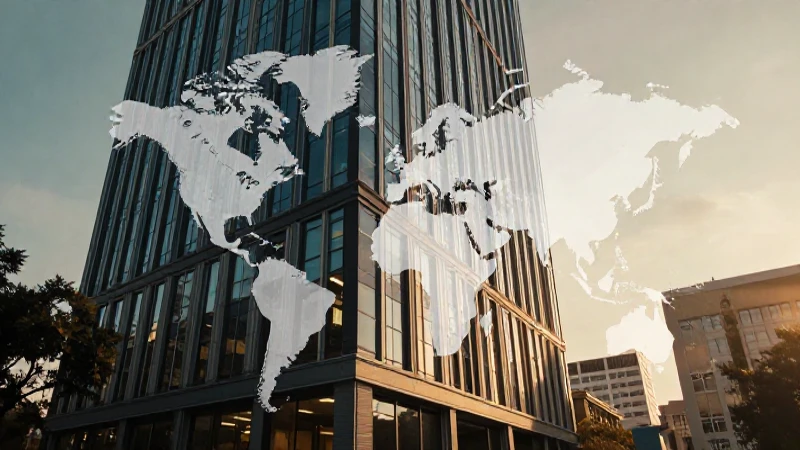 Es clave el organigrama geográfico en la estructura empresarial 3 Edificio corporativo iluminado con mapa estilizado