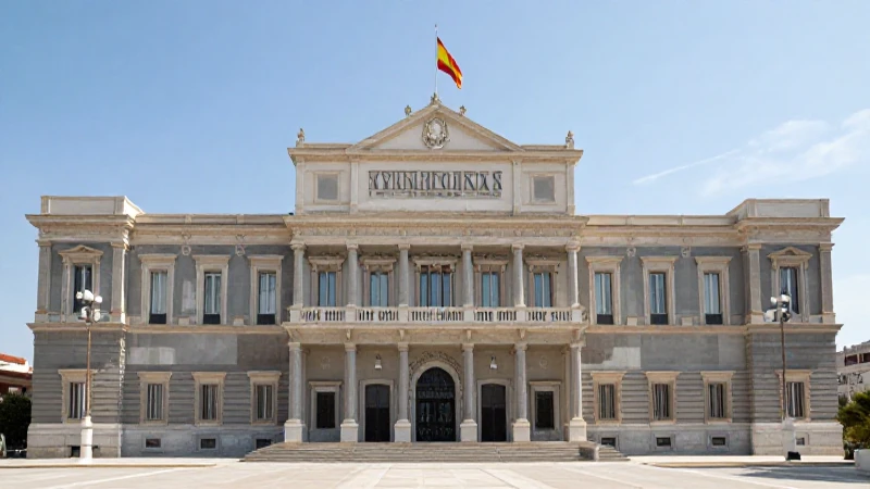 Bandera española ante edificio oficial, luz diurna