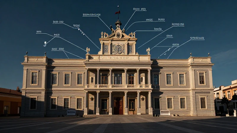 Edificio gubernamental español con iluminación dramática