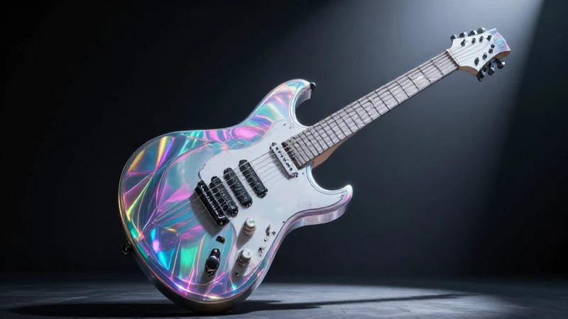 Guitarra futurista bajo luces cibernéticas holográficas