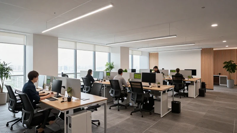 Oficina moderna con luz natural y equipo