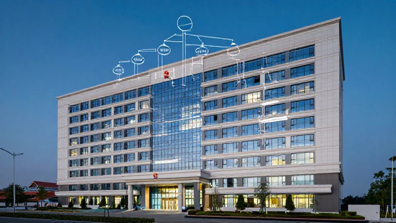 Edificio hospitalario iluminado con diagrama arquitectónico digital