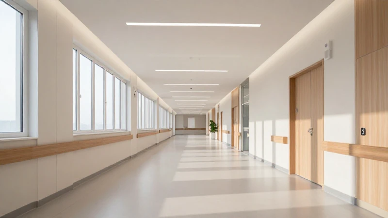 Pasillo hospitalario moderno con luz suave