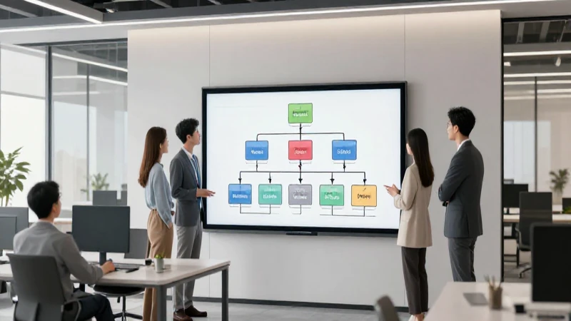 Cómo crear un organigrama en inglés de manera efectiva 8 Equipo colaborando frente al organigrama digital