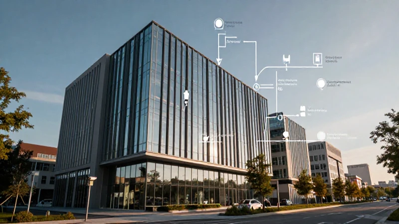Edificio moderno con infografía iluminada cinematográficamente