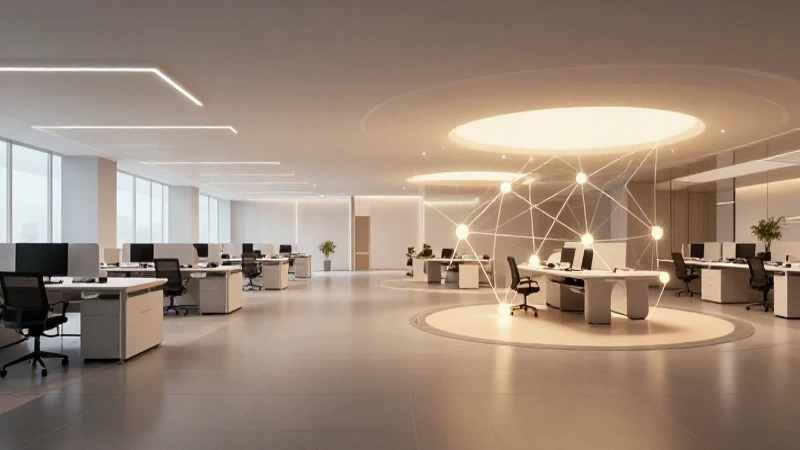 Espacio oficina moderno con iluminación cálida