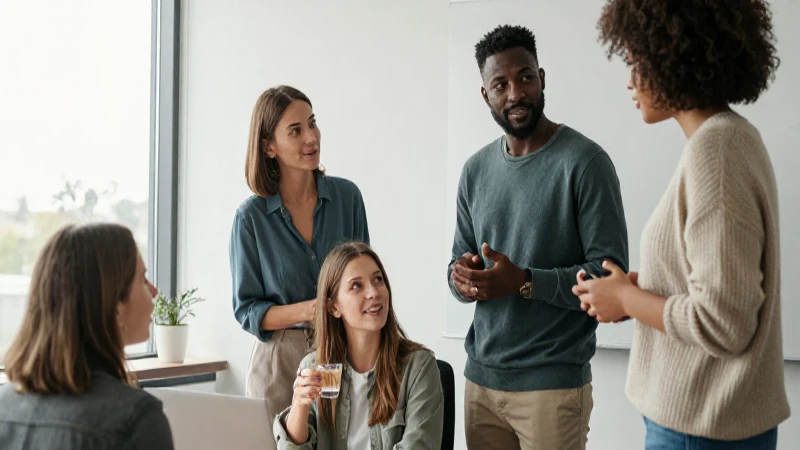 Empleados colaboran en oficina con luz suave