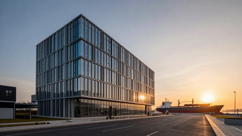 Edificio moderno con atardecer y barcos difusos