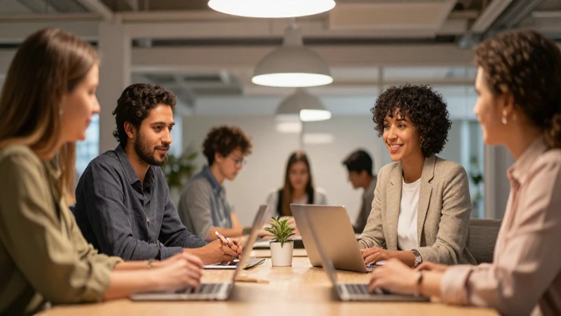 Espacio moderno, equipo diverso y luz cálida