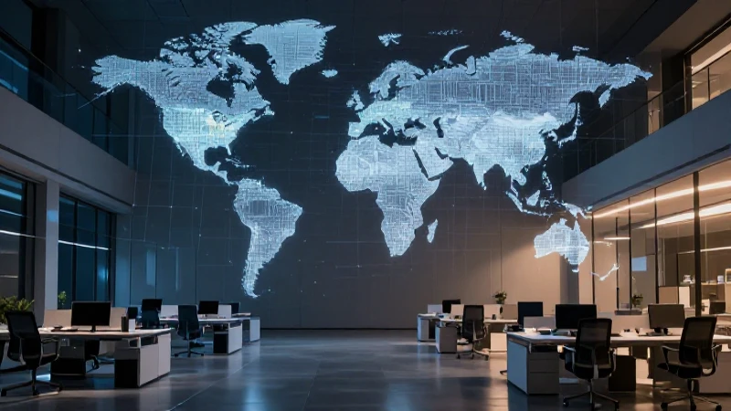 Cómo es el organigrama y funcionamiento de Telefónica 6 Oficina moderna con mapa proyectado y luz cinematográfica