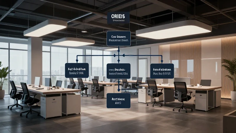Oficina moderna con iluminación cinematográfica y diagrama estilizado
