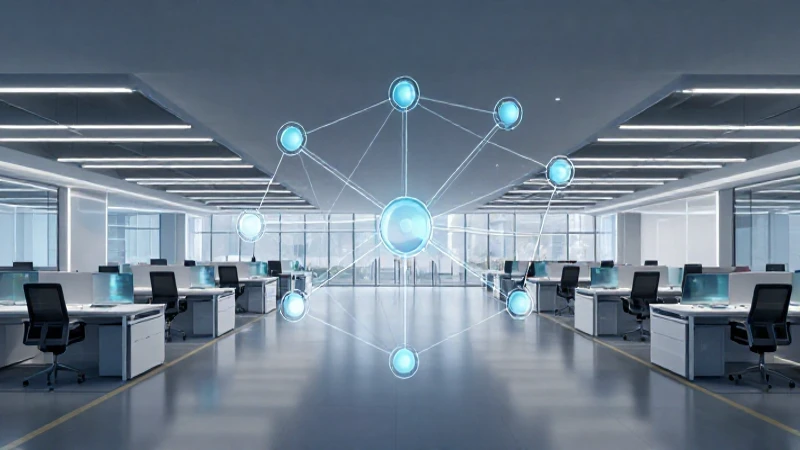 Oficina futurista con red interconectada e iluminación suave