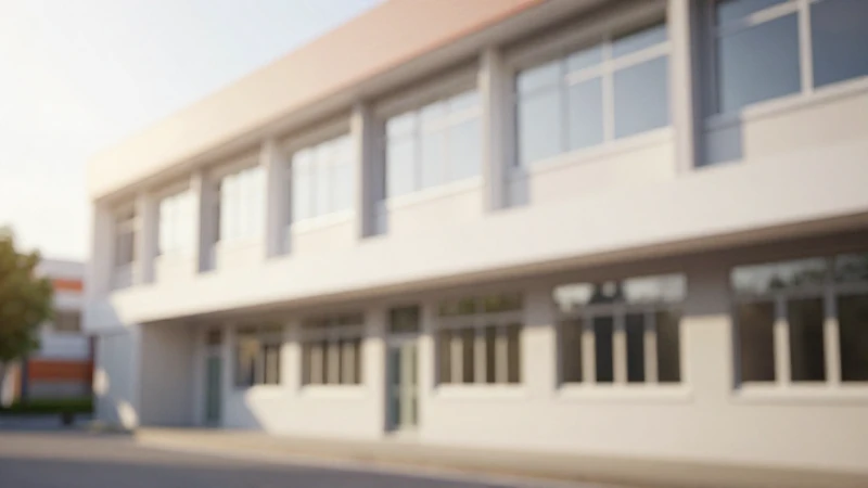 Fachada escolar iluminada con luz suave