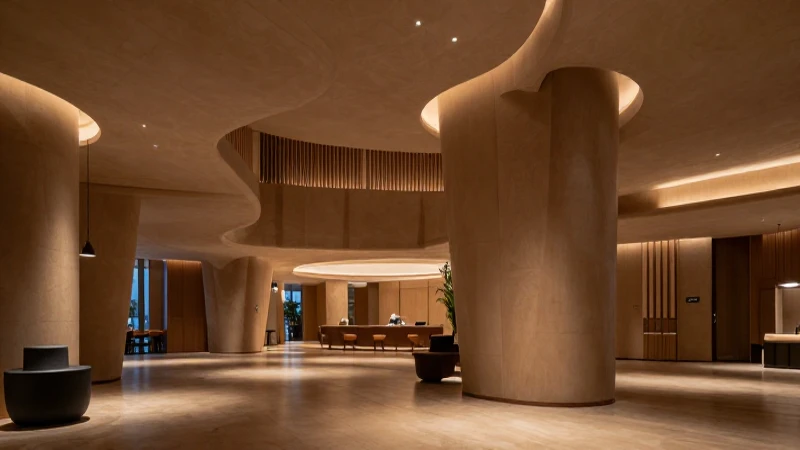 Lobby moderno con luz cálida y enfoque suave