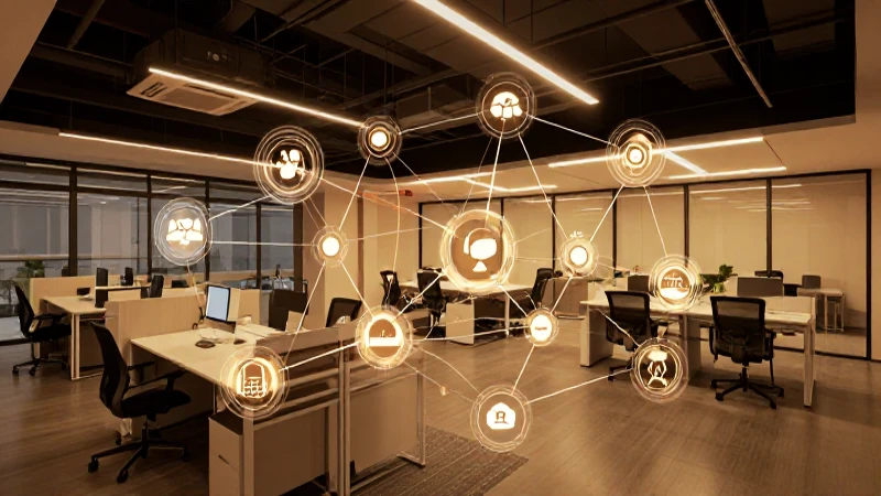 Espacio moderno, diagrama conectado e iluminación cálida